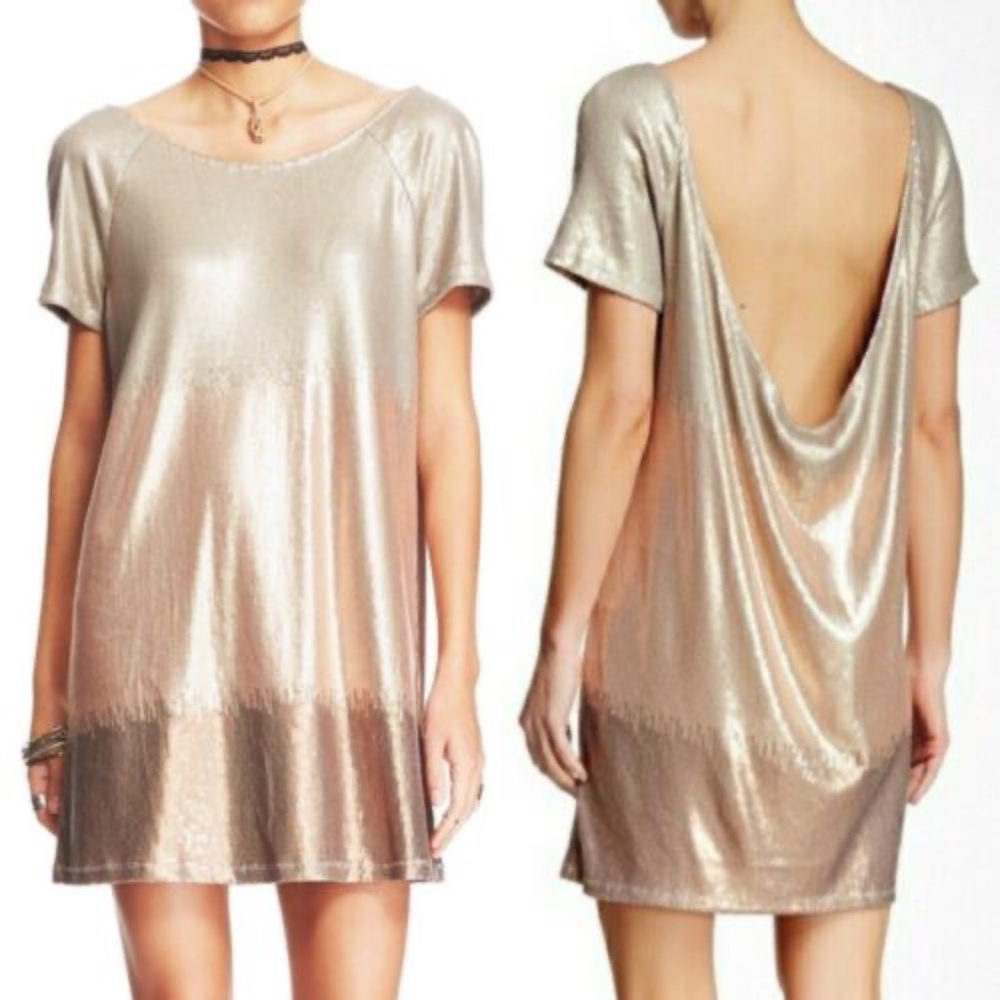 Free People backless sequin mini t-shirt dress gold silver sparkly